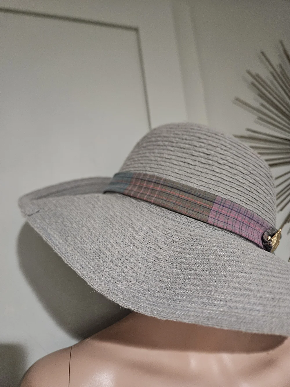 Wide Brim Hemp Blend Sun Hat Gray Plaid Band Lightweight Resort Boho - Picture 10 of 13